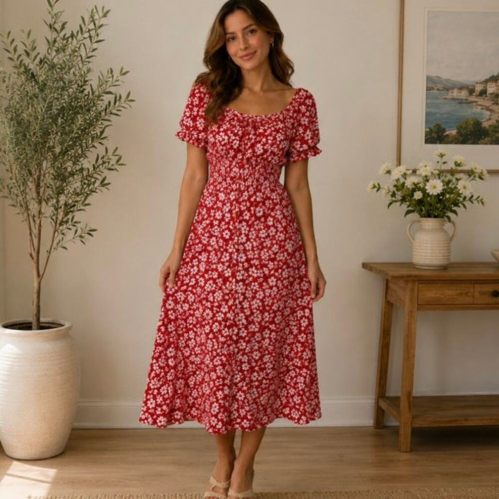Kindred 3X Floral Smocked Waist Midi Dress Red Cottagecore Puff Sleeve